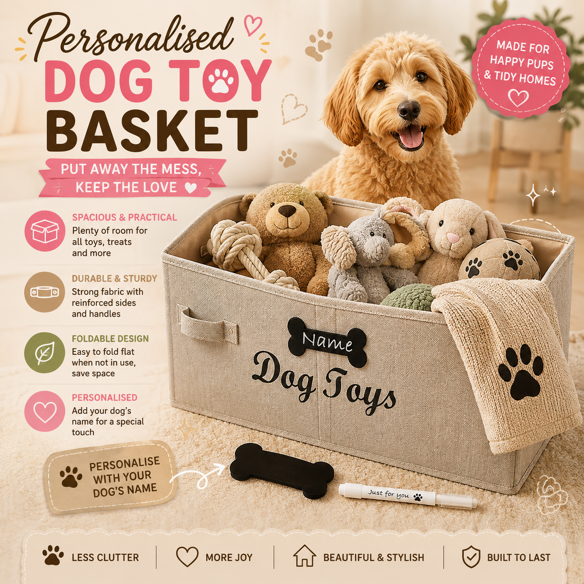 Large Personalised Dog Toy Basket – Collapsible Pet Toy Storage Bin, Khaki Stripe