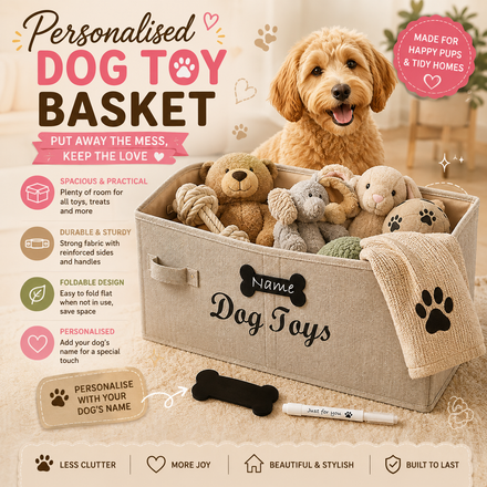 Large Personalised Dog Toy Basket – Collapsible Pet Toy Storage Bin, Khaki Stripe