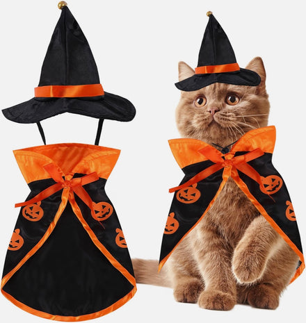 Halloween Wizard Costume for Cats & Small Dogs – Plush Cape with Wizard Hat