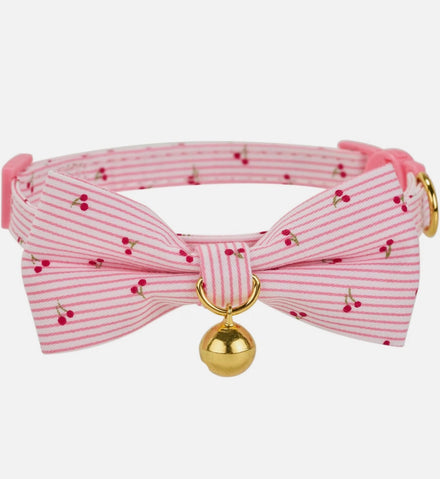 Petiry Pink Cherry Striped Cotton Cat Collar Breakaway Buckle with Bowtie, Bell
