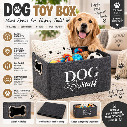 Large Dog Toy Box – Foldable Pet Storage Basket with Wooden Handles, Grey