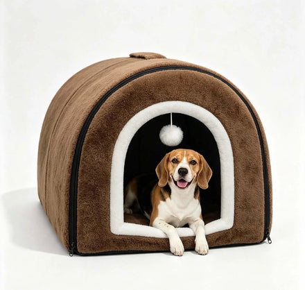 Mozzeilee 2-in-1 Foldable Dog Cave Bed Igloo – Small, Brown
