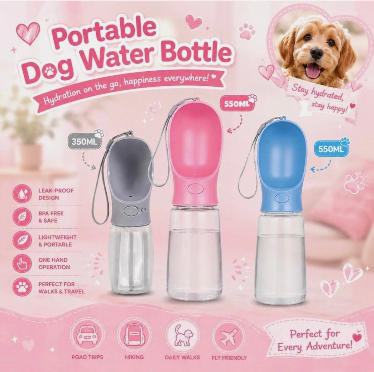 BARGAIN FACTORY Dog Water Bottle, Lightweight, Leak Proof Portable 550 ML Water