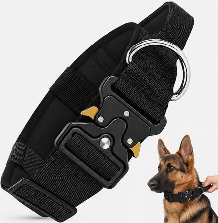 AKOFIC Tactical Dog Collar – Large, Black, Heavy-Duty Padded Nylon Collar with