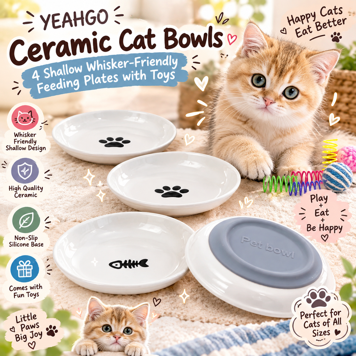 YEAHGO Ceramic Cat Bowls – 4 Shallow Whisker-Friendly Feeding Plates with Toys