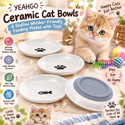 YEAHGO Ceramic Cat Bowls – 4 Shallow Whisker-Friendly Feeding Plates with Toys