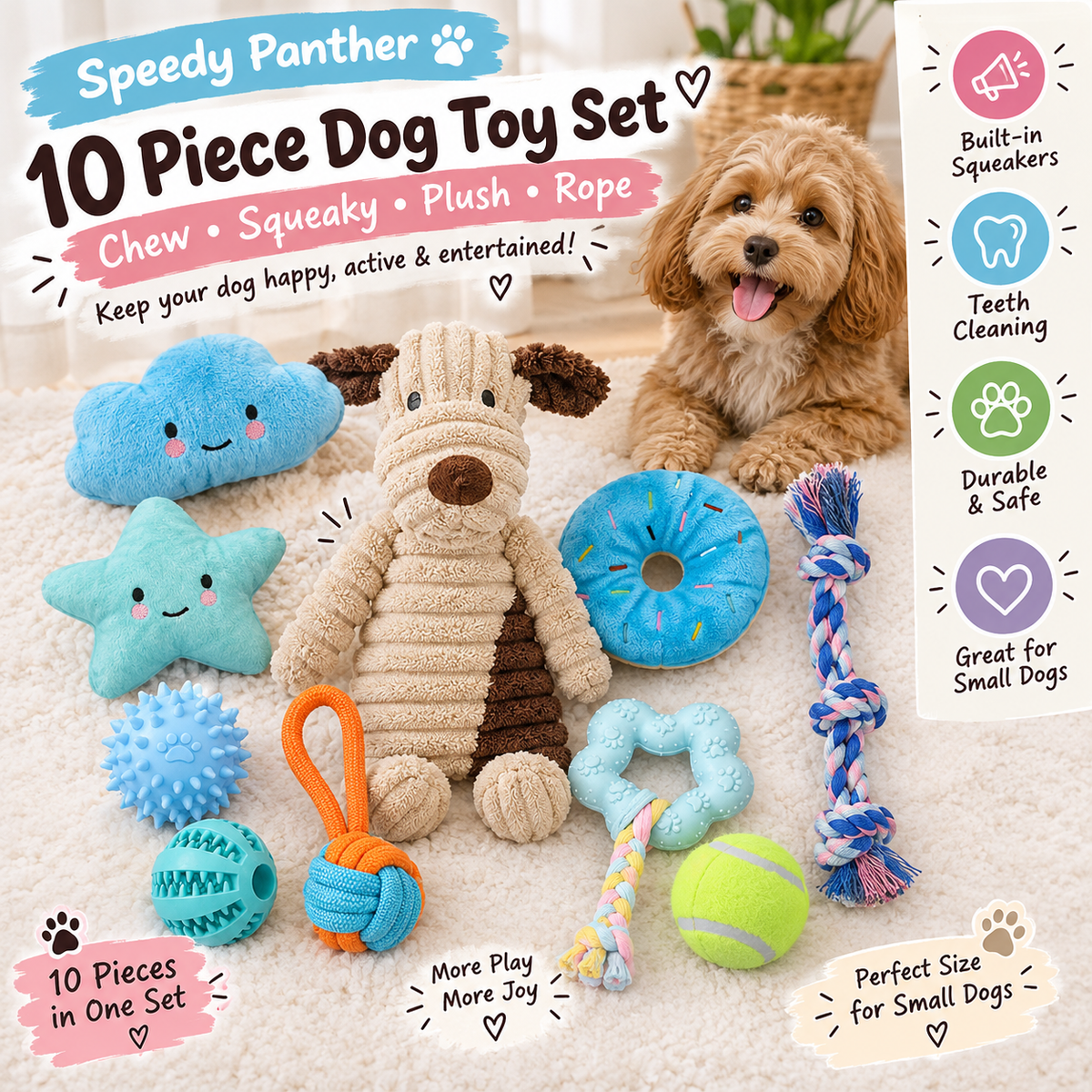 Speedy Panther 10Piece Dog Toy Set Chew Squeaky Plush Rope Toys for Small