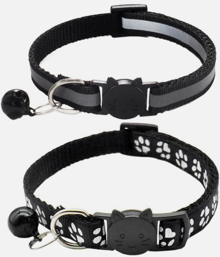 Qinao 2 Pack Cat Collars – Reflective Adjustable Kitten Collars with Bell, Black