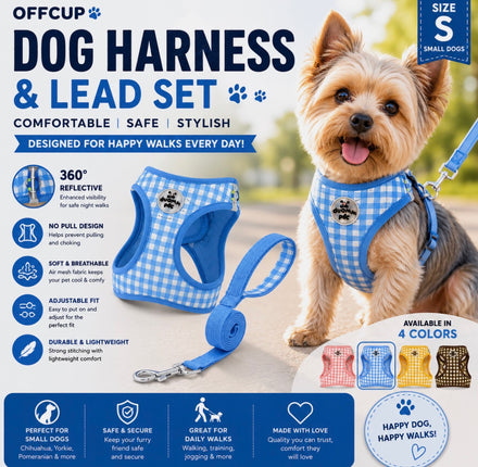 OFFCUP Dog Harness Lead Set Soft Mesh Reflective No Pull Pet Vest Blue
