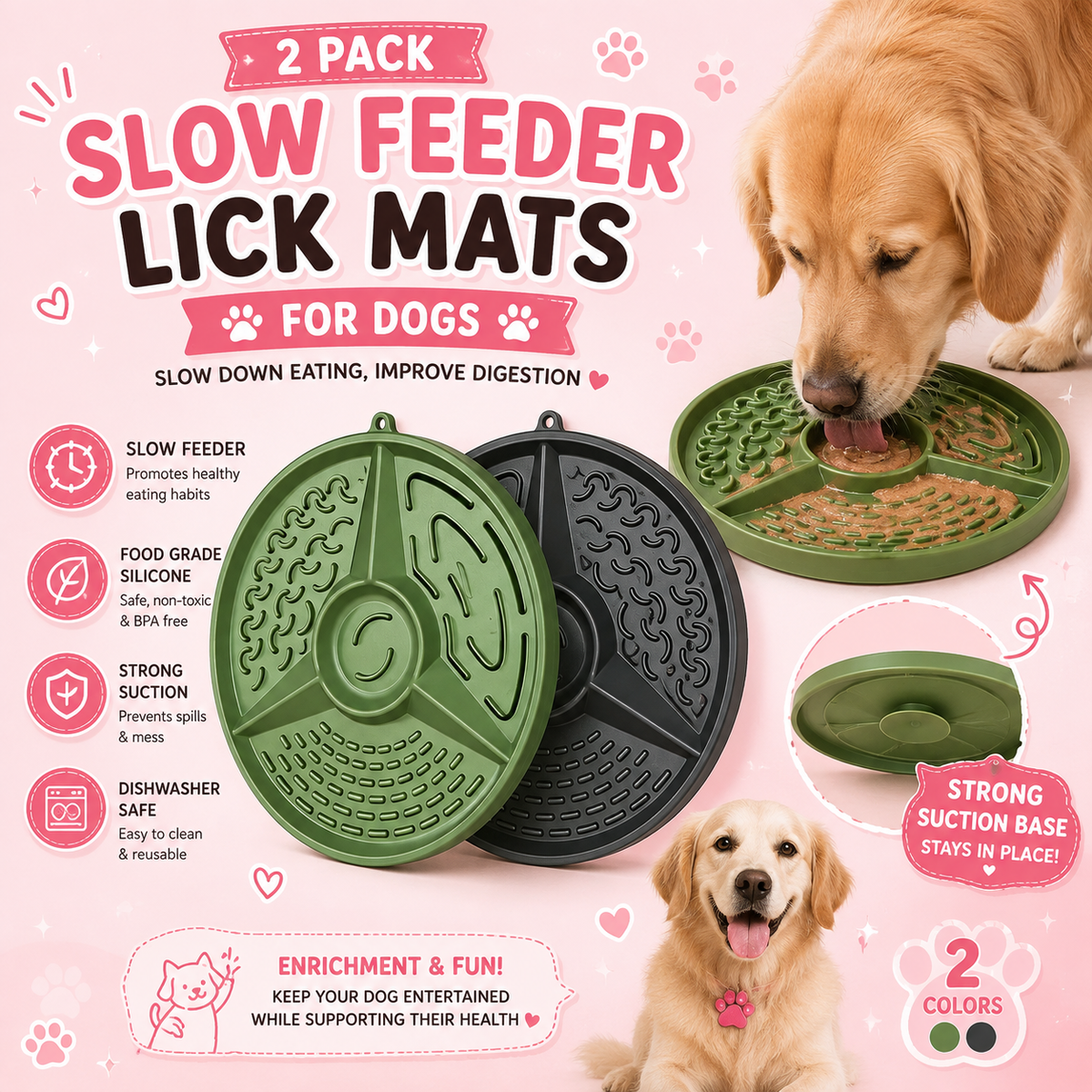 2 Pack Slow Feeder Dog Bowls Silicone Lick Mats with Strong Suction Base for Dog