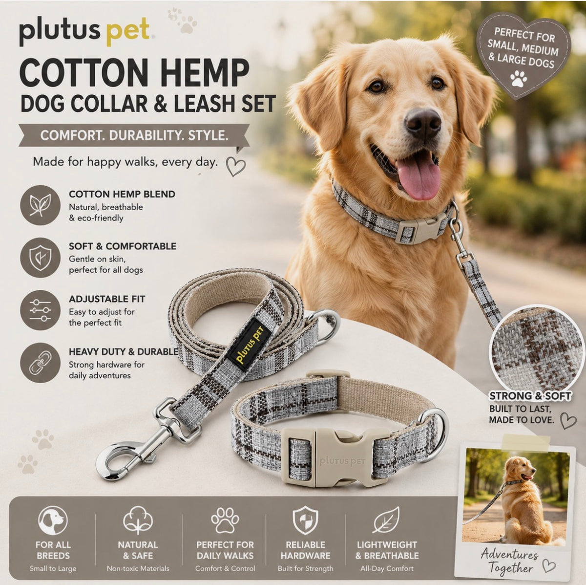 Plutus Pet Cotton Hemp Dog Collar & Lead Set Adjustable Heavy Duty Grey Plaid