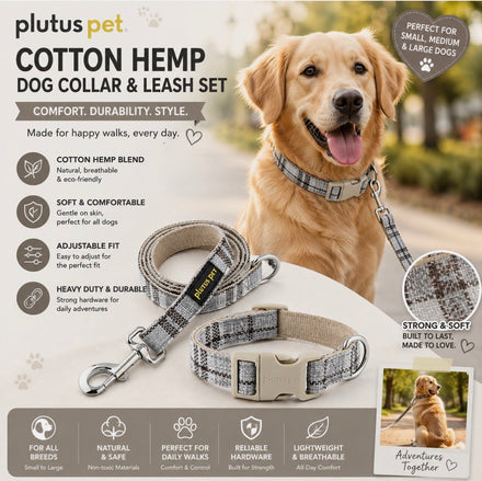 Plutus Pet Cotton Hemp Dog Collar & Lead Set Adjustable Heavy Duty Grey Plaid