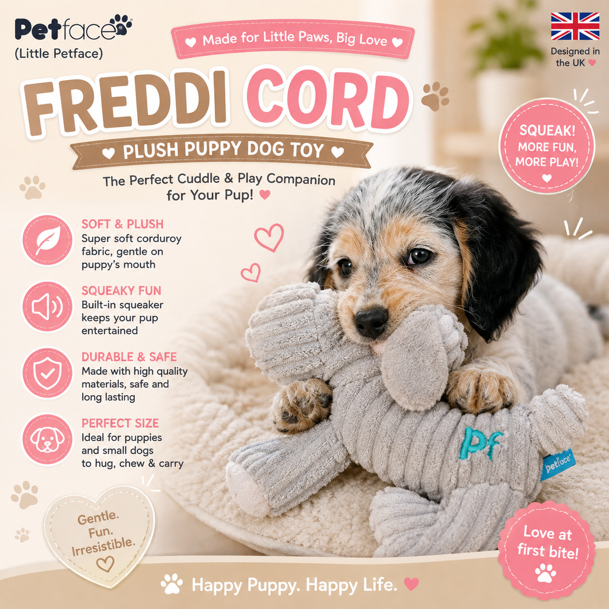 Petface (Little Petface) Freddi Cord, Plush Puppy Dog Toy