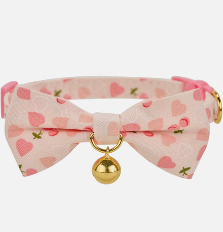 Petiry Pink Heart & Peach Cotton Cat Collar Breakaway Buckle with Bowtie