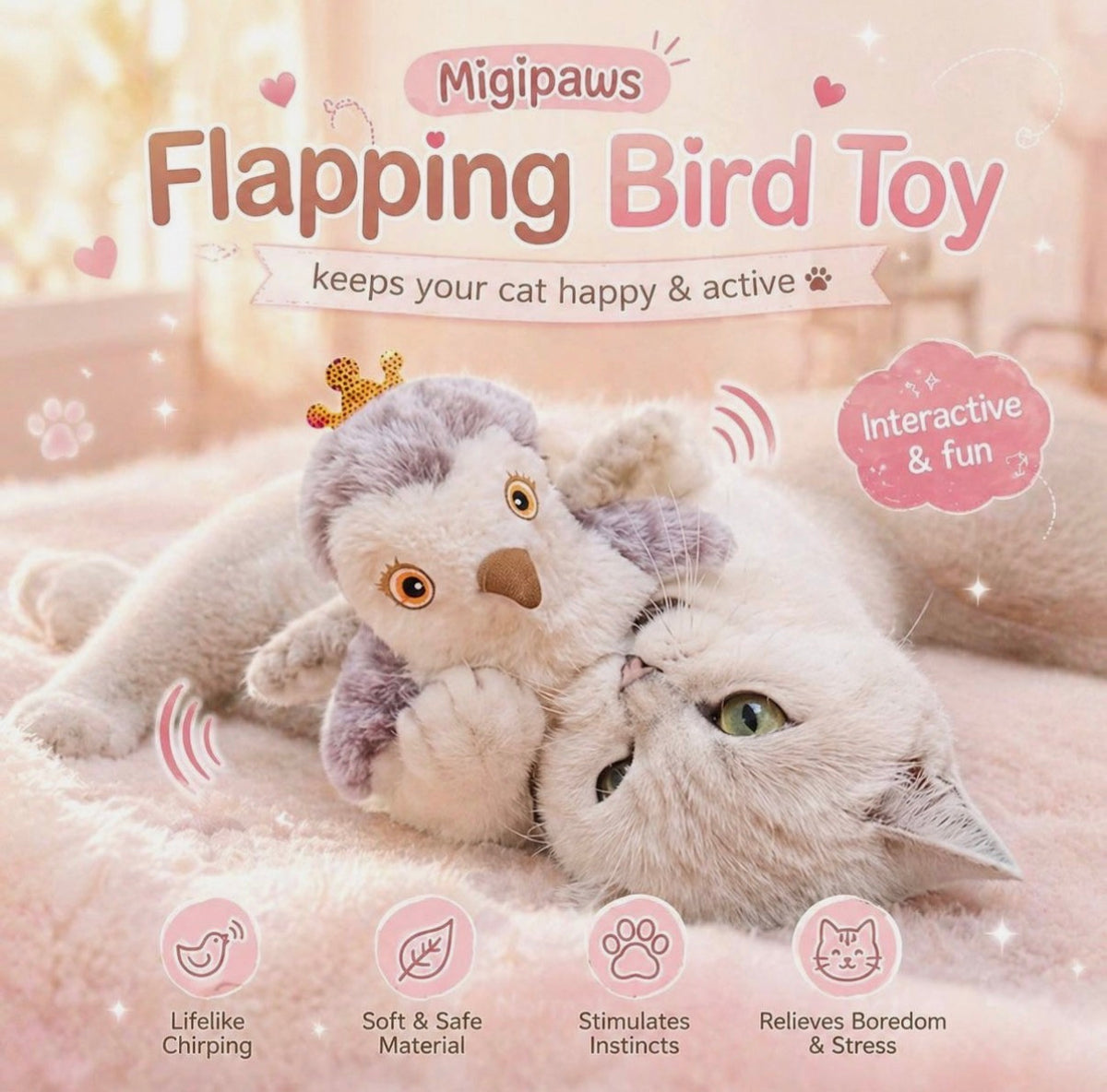 Migipaws Cat Toys Flapping Bird (No Flying) Lifelike Sandpiper Royale Chirp