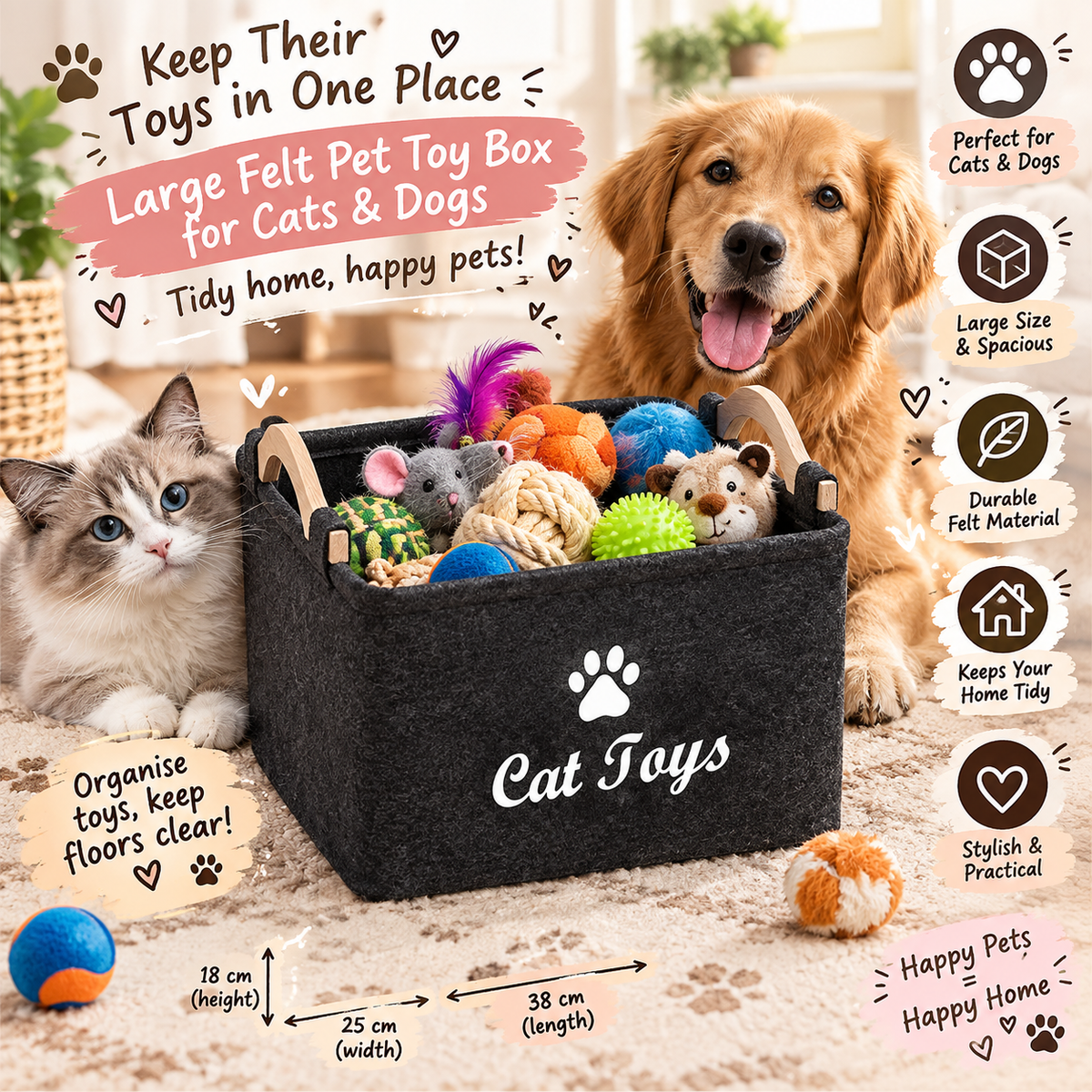 Large Felt Pet Toy Box for Cats & Dogs – 38 x 25 x 18 cm Black Organiser Basket