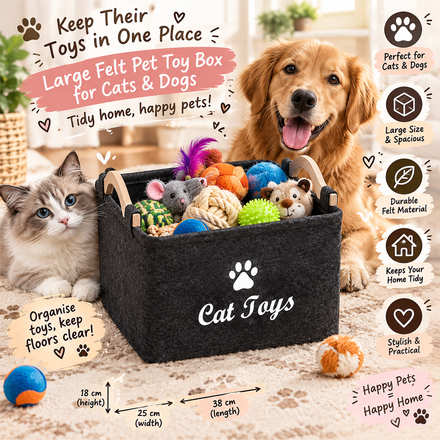 Large Felt Pet Toy Box for Cats & Dogs – 38 x 25 x 18 cm Black Organiser Basket
