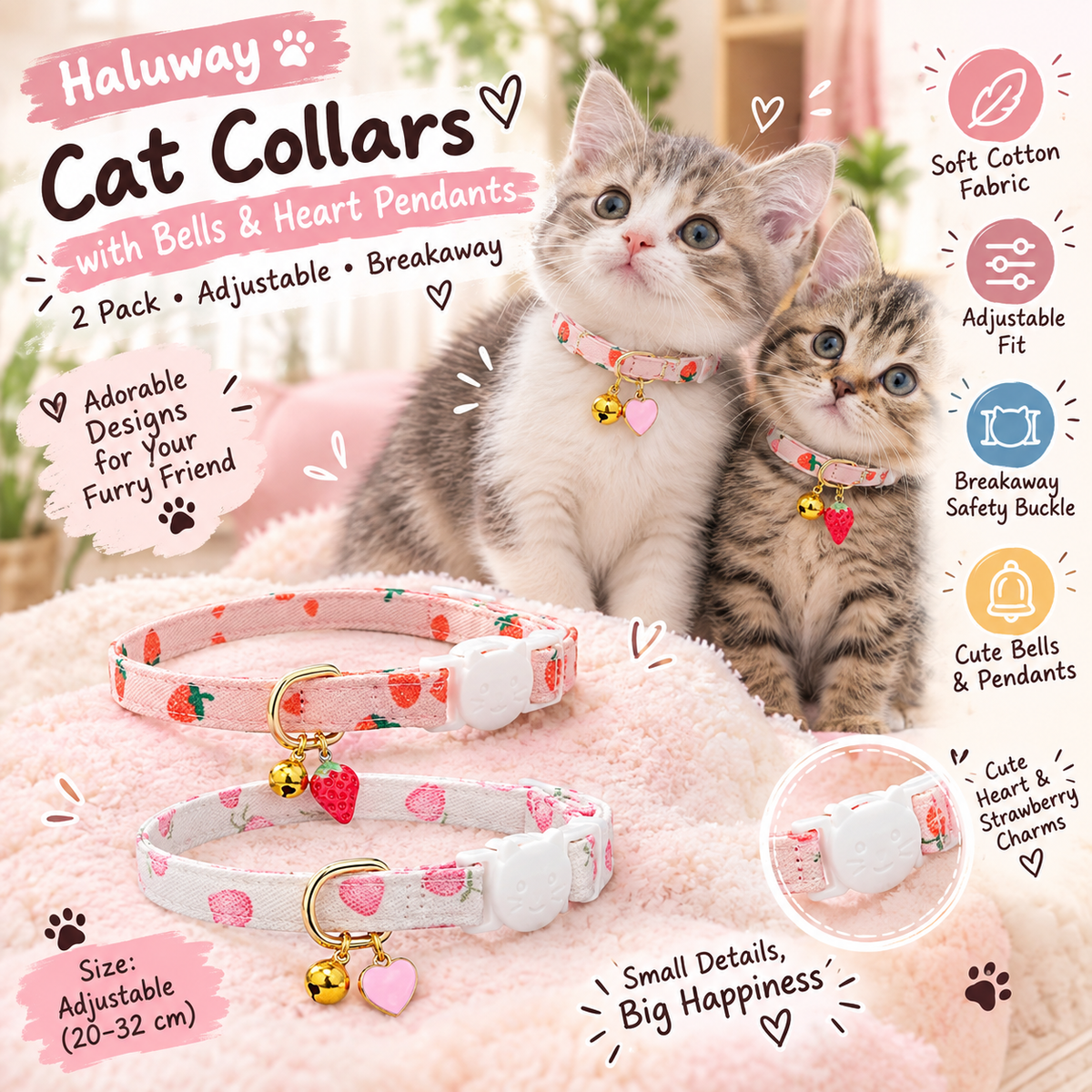 Haluway 2 Pack Cotton Cat Collars with Bells & Heart Pendants – Adjustable Break