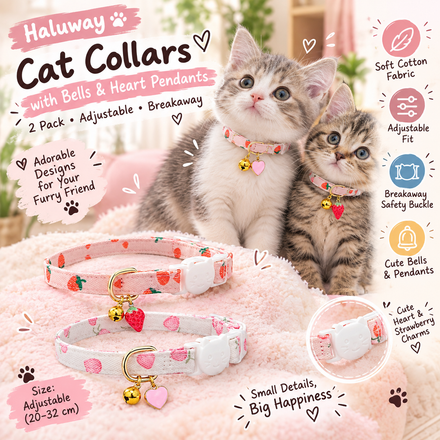 Haluway 2 Pack Cotton Cat Collars with Bells & Heart Pendants – Adjustable Break