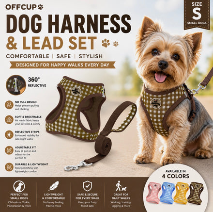 OFFCUP Dog Harness Lead Set Soft Mesh Reflective No Pull Pet Vest Brown SIZE S