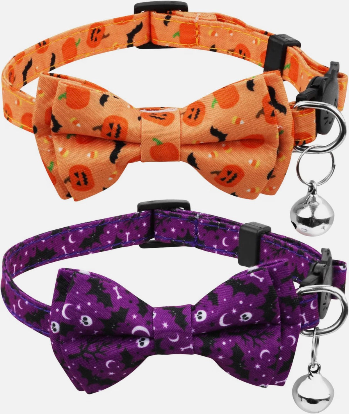 LUTER 2 Pack Adjustable Halloween Cat Collars with Bells & Bows – Pumpkin & Skul