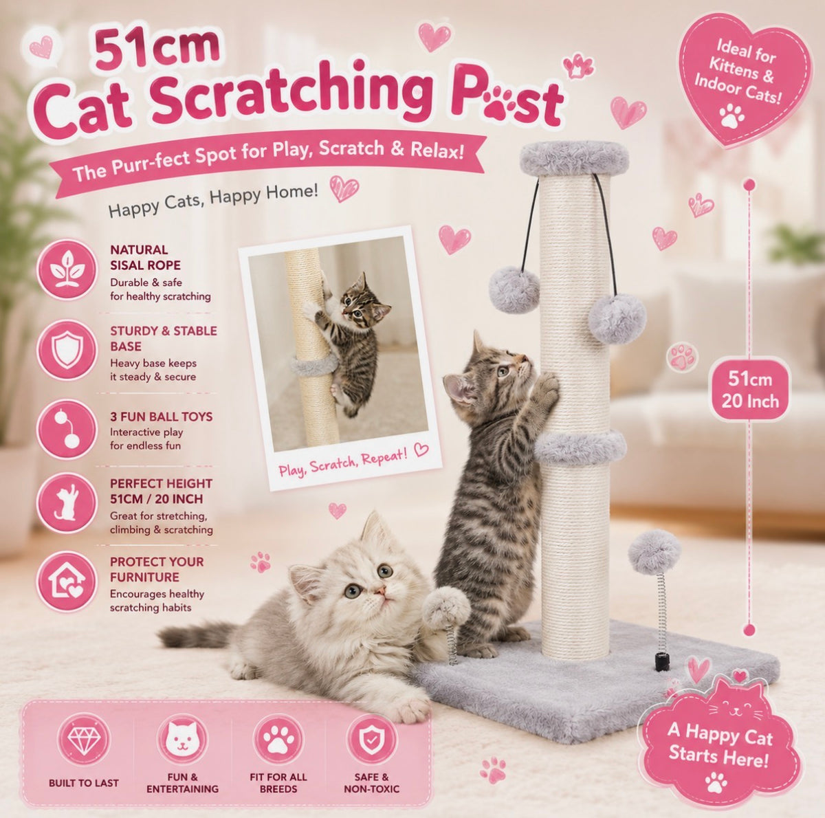 51cm Cat Scratching Post Tower with Sisal Rope & 3 Ball Toys for Indoor Cats
