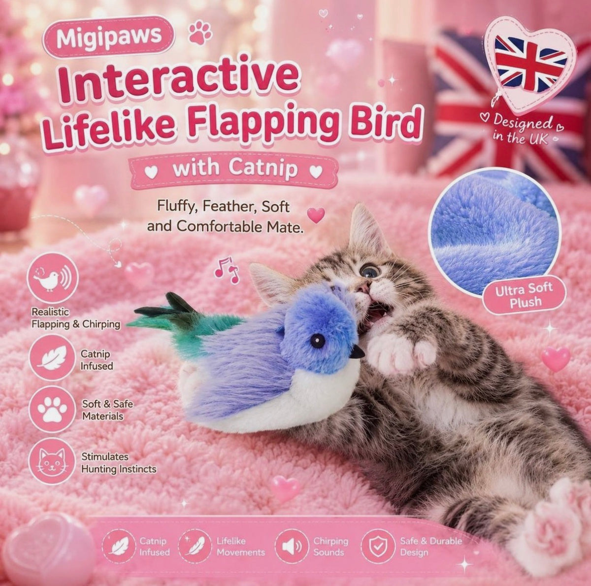 Migipaws Cat Toys,Interactive Lifelike Flapping Bird with Catnip