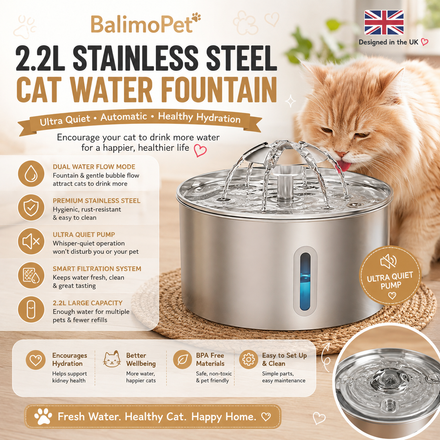 BalimoPet 2.2L Stainless Steel Cat Water Fountain Ultra Quiet Automatic Pet