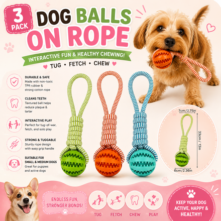 3 Pack Dog Balls on Rope – Interactive Tug, Fetch & Chew Toys for Small, Medium
