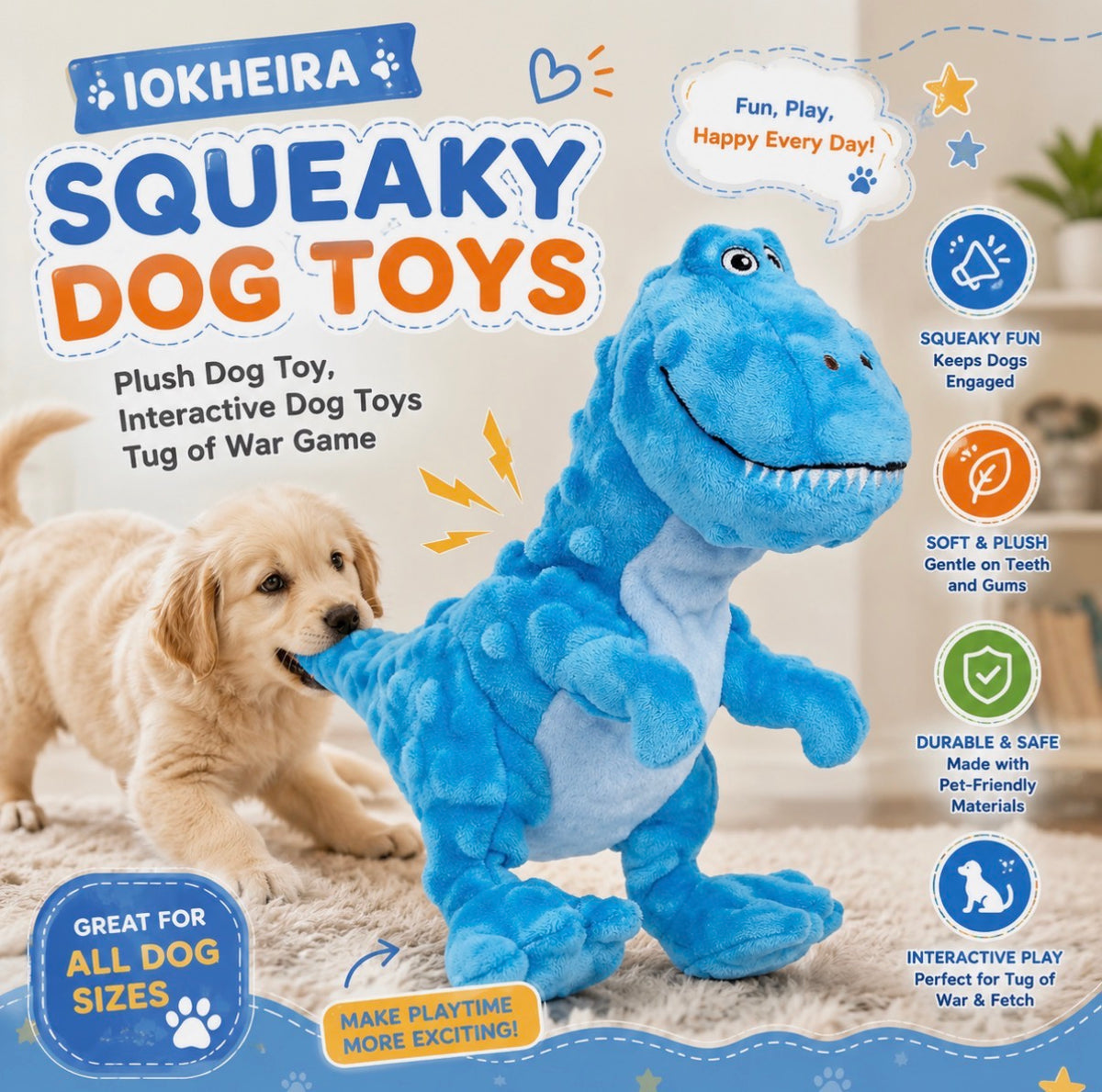 IOKHEIRA Squeaky Dog Toys, Plush Dog Toy, Interactive Dog Toys Tug of War Game