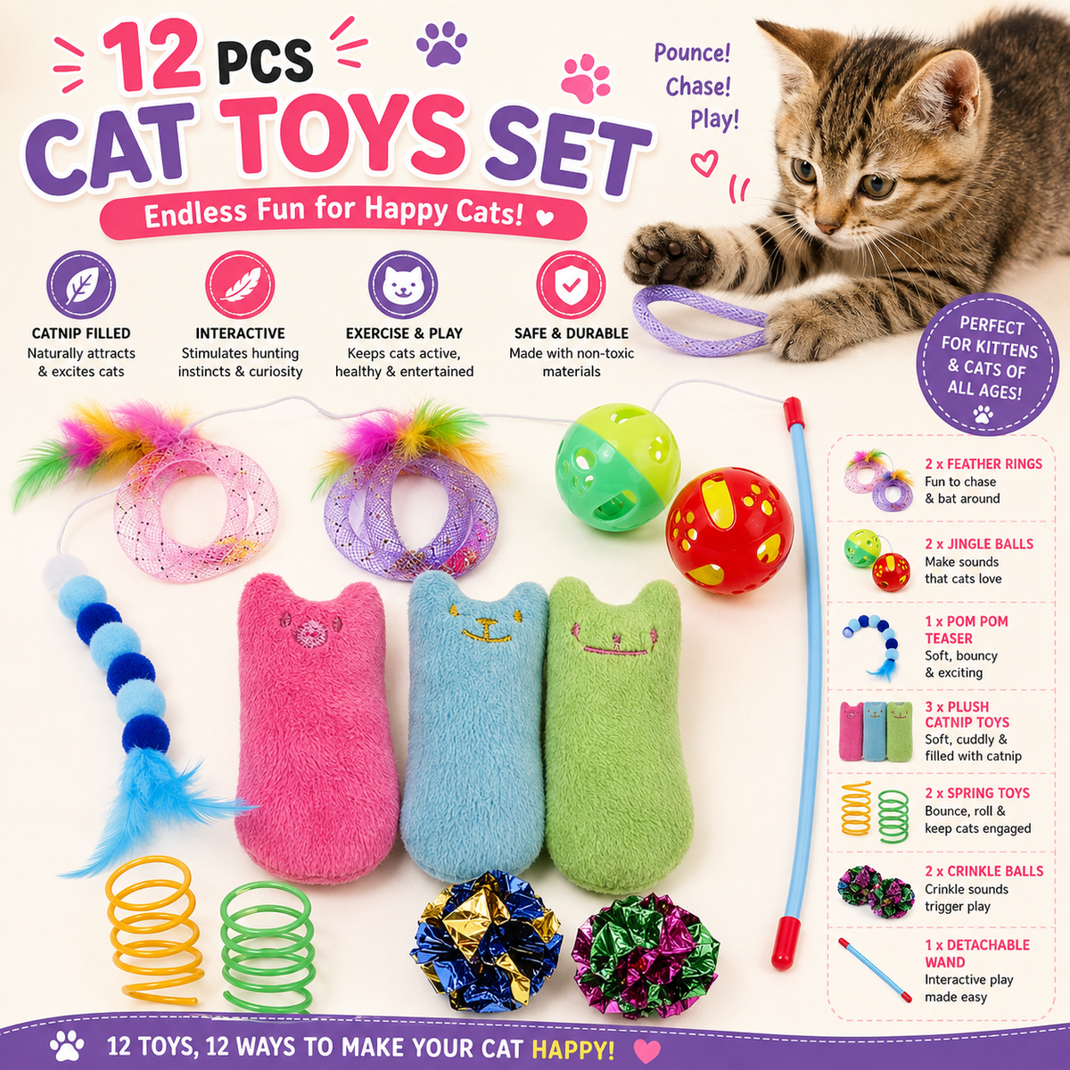 Speedy Panther 12 Pcs Cat Toys Set – Interactive Kitten Toys with Catnip, Feathe