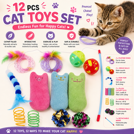 Speedy Panther 12 Pcs Cat Toys Set – Interactive Kitten Toys with Catnip, Feathe