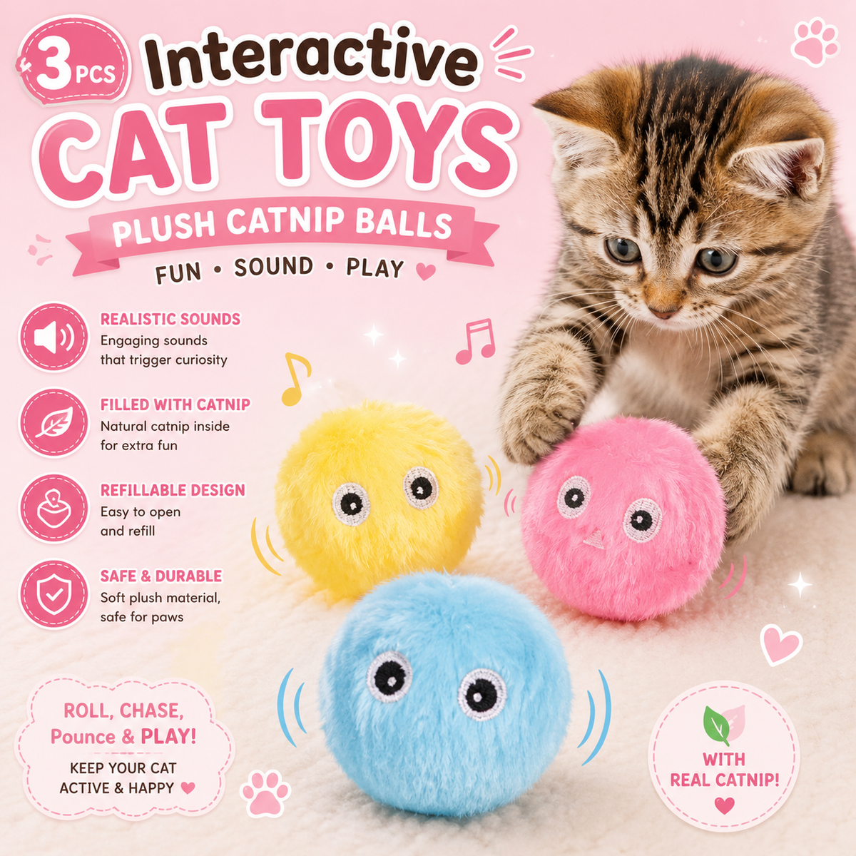 3Pcs Interactive Cat Toys – Plush Catnip Balls with Realistic Sounds, Refillable