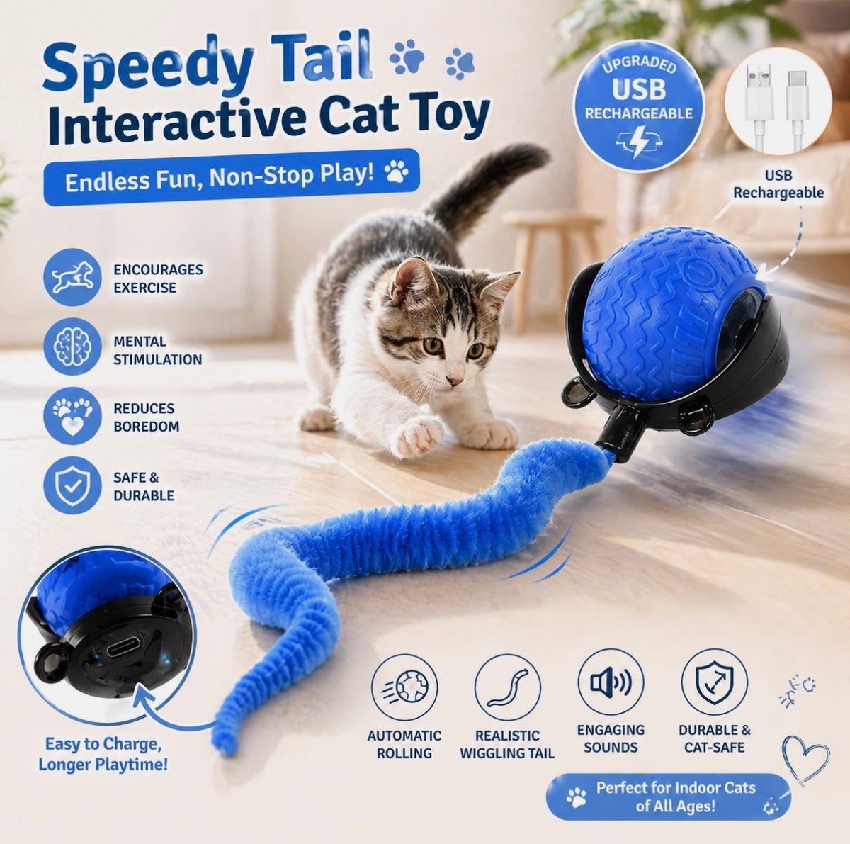 Speedy Tail Cat Toy, Interactive Toy for Indoor Cats blue color
