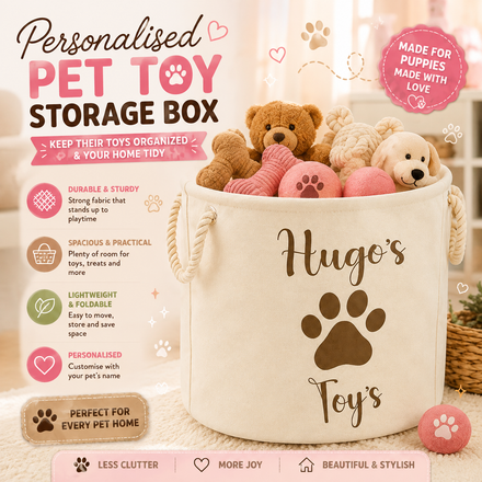 Hoolaroo Personalised Pet Toy Storage Box – Foldable Fabric Basket with Paw Print Design 30 cm