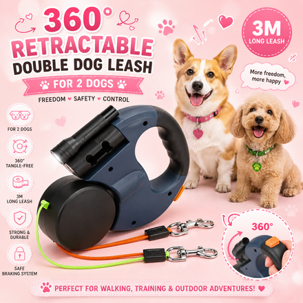 360° Retractable Lead Leash Double Pet Dog Training Lead 3M For 2 Dog UK