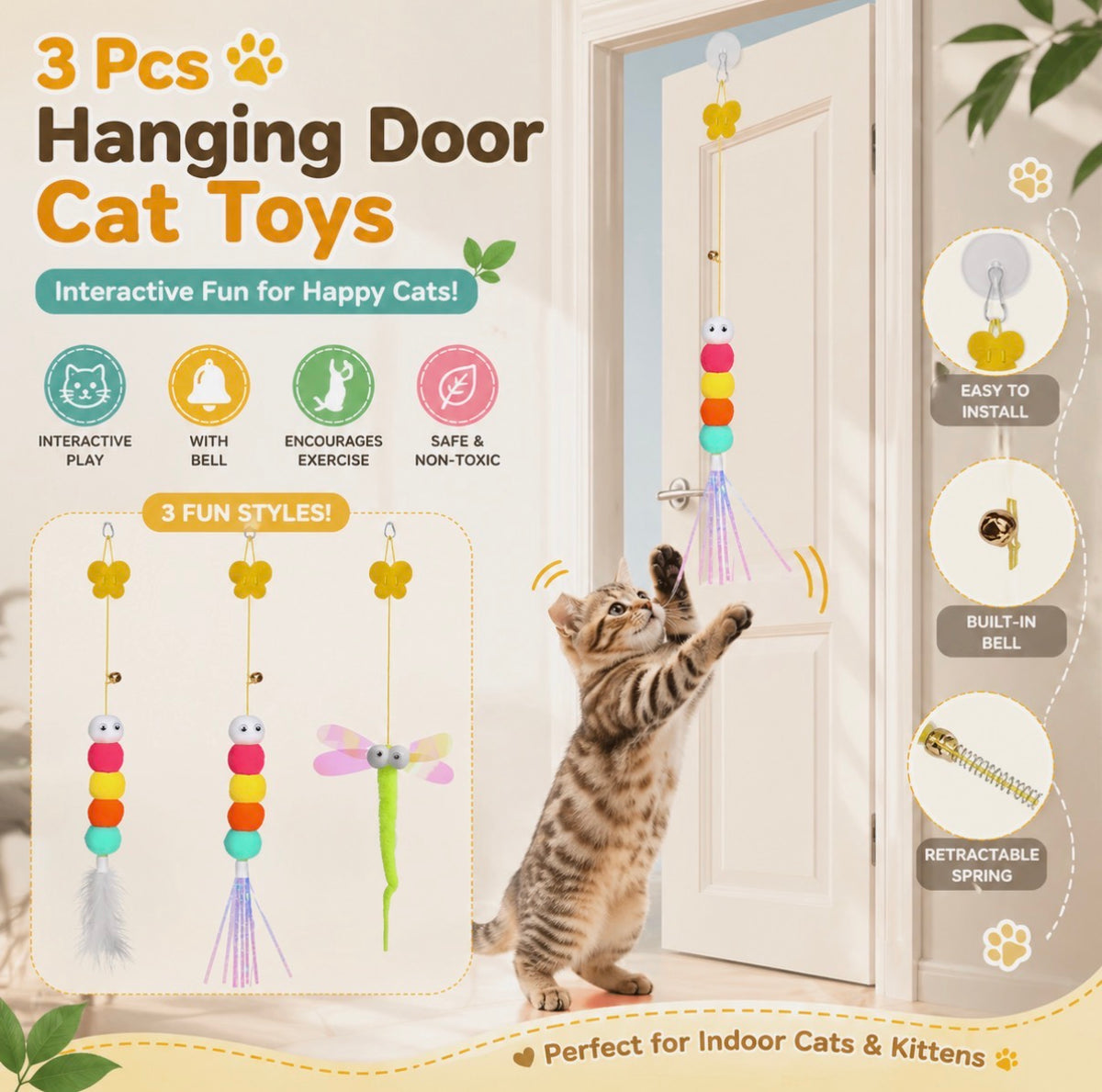 3 Pcs Hanging Door Cat Toys, Interactive Cat Door Toy with Feather