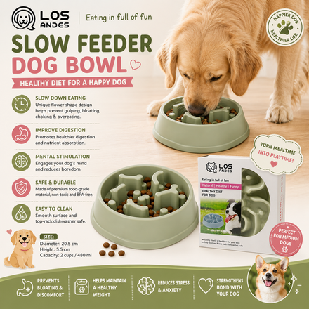 LOS ANDES Slow Feeder Dog Bowl – Flower Shape Anti-Gulp Food Bowl for Medium Dog
