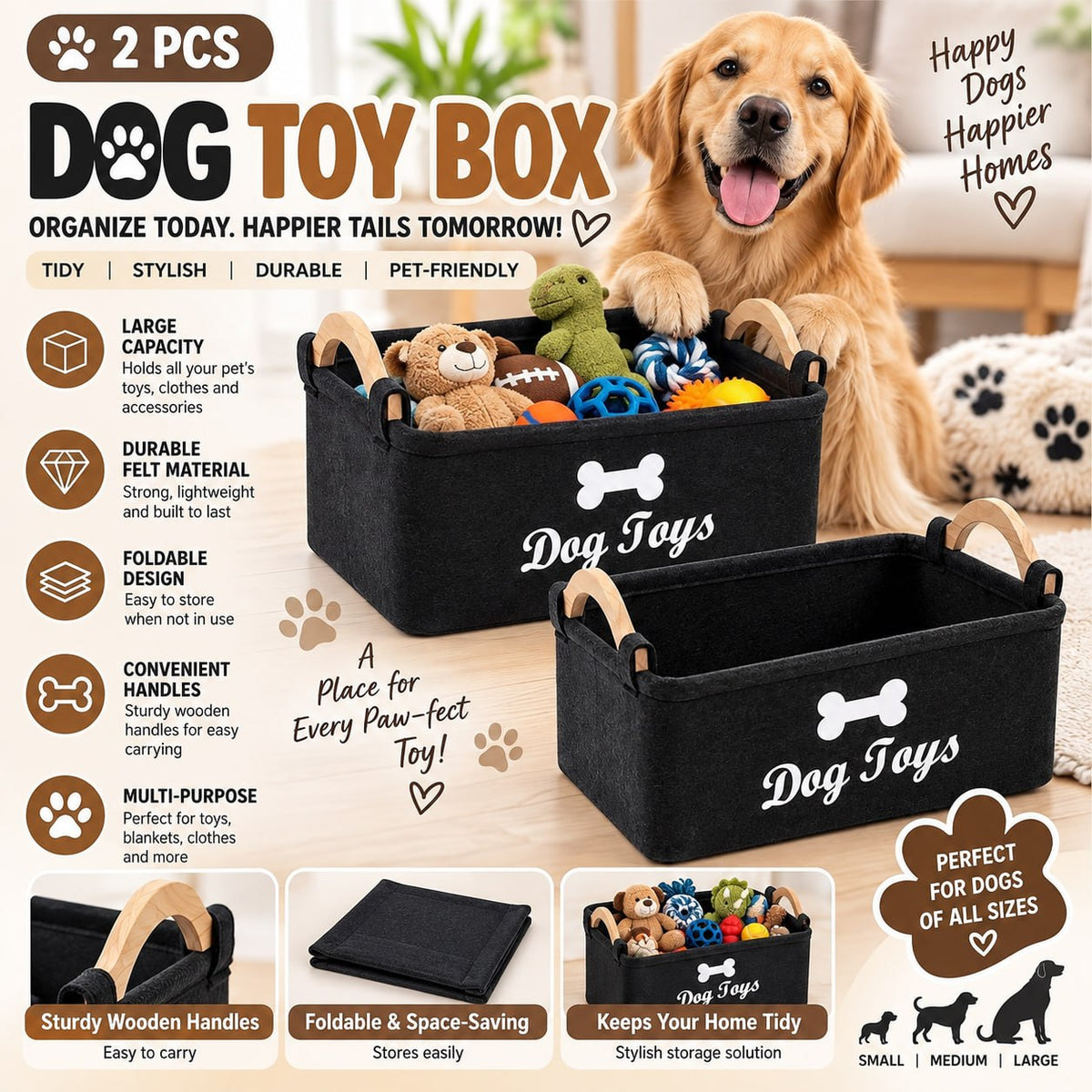 2Pcs Dog Toy Box Storage Basket, Collapsible Dog Toy Box Organiser