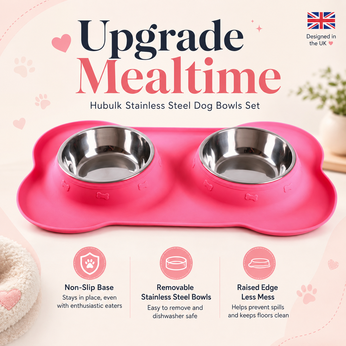 Hubulk Stainless Steel Dog Bowls Set – 2 Bowls with Non-Slip Silicone Mat