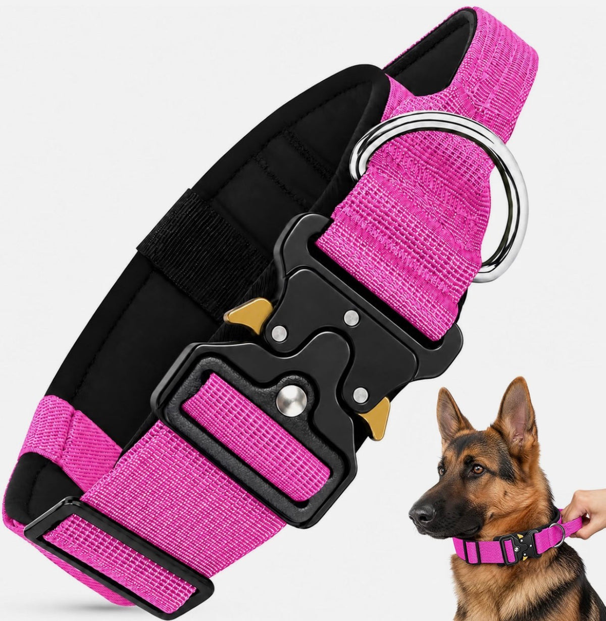 AKOFIC Tactical Dog Collar – Large, Rose Red, Heavy-Duty Padded Nylon Collar