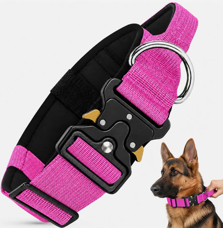 AKOFIC Tactical Dog Collar – Large, Rose Red, Heavy-Duty Padded Nylon Collar