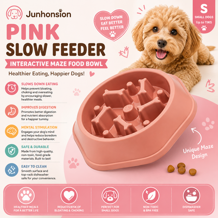 Junhonsion Pink Slow Feeder Dog Bowl – Interactive Maze Food Bowl for Small