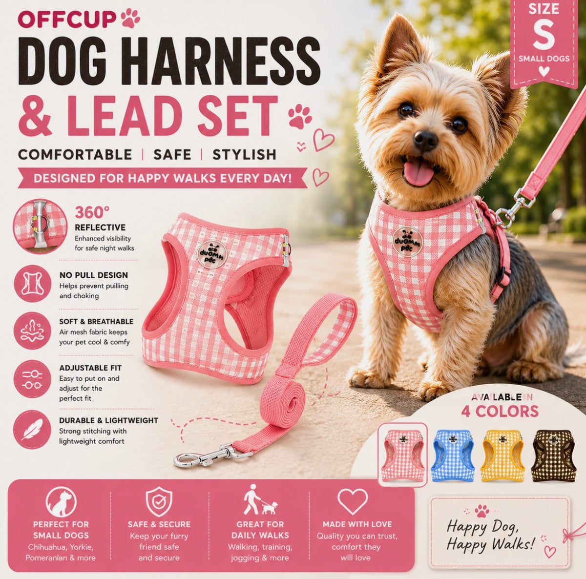 OFFCUP Dog Harness Lead Set Soft Mesh Reflective No Pull Pet Vest Pink SIZE S