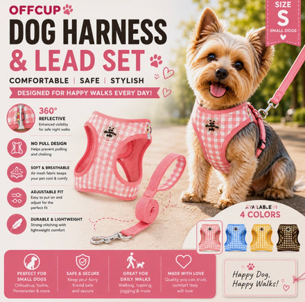 OFFCUP Dog Harness Lead Set Soft Mesh Reflective No Pull Pet Vest Pink SIZE S