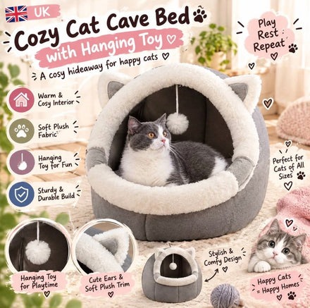 ZNewYear Cozy Cat Cave Bed with Hanging Toy – Grey Hanging Plush Balls