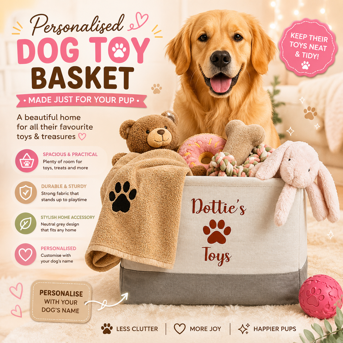 Hoolaroo Personalised Dog Toy Basket – Grey Fabric Storage Box with Pet Name, 36cm
