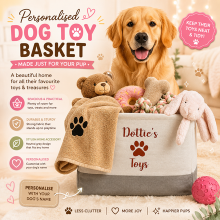 Hoolaroo Personalised Dog Toy Basket – Grey Fabric Storage Box with Pet Name, 40cm