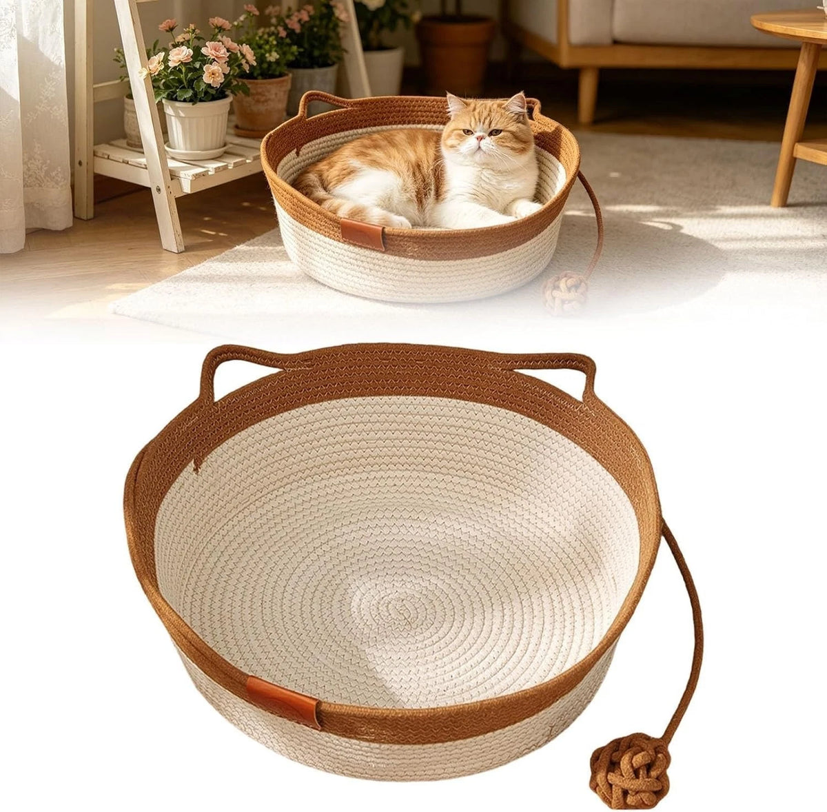 Cotton Woven Cat Bed with Toy Tail – Khaki S, Washable Cat Cave & Scratcher