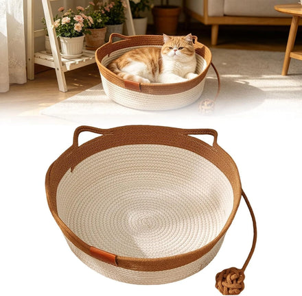 Cotton Woven Cat Bed with Toy Tail – Khaki S, Washable Cat Cave & Scratcher